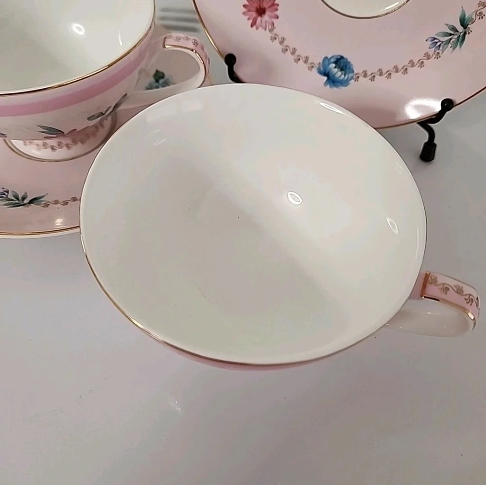Grace Teaware Pink Floral Tea Cup Saucer Set 2 Cottagecore Gold Gilt Tea Party